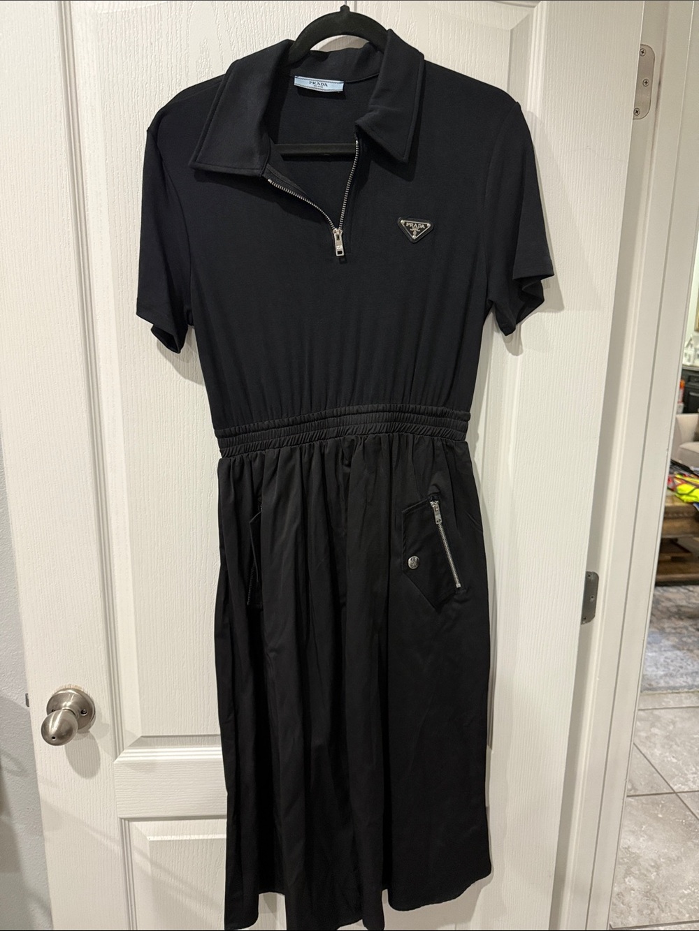 Prada Black Polo-Style Midi Dress with Zip Pocket